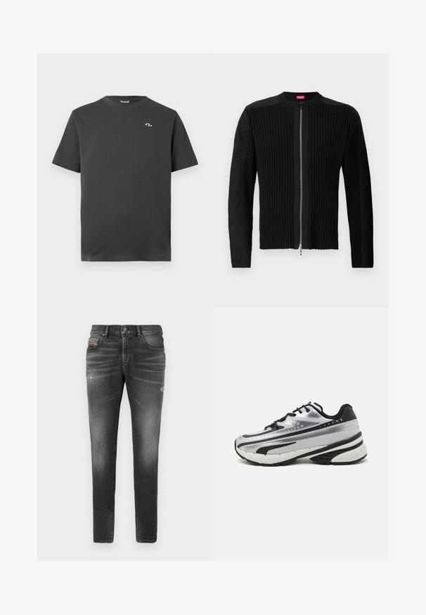Černá bunda na zip vpředu s vertikálním žebrováním a kulatým výstřihem. Měkká látka s dlouhými rukávy a přiléhavým střihem.; Tmavě šedé tričko s krátkým rukávem vyrobené z bavlny. Má kulatý výstřih a malé bílé logo na levé části hrudi.; Šedé denimové džíny s úzkým střihem, představující mírné rozedření, opotřebované detaily a tradiční zapínání na knoflík.; Běžecká obuv s vrchní částí z stříbrné síťoviny, černými akcenty a bílou podrážkou. Disponuje texturovaným vzorem a černými tkaničkami. Lehká a odpružená.