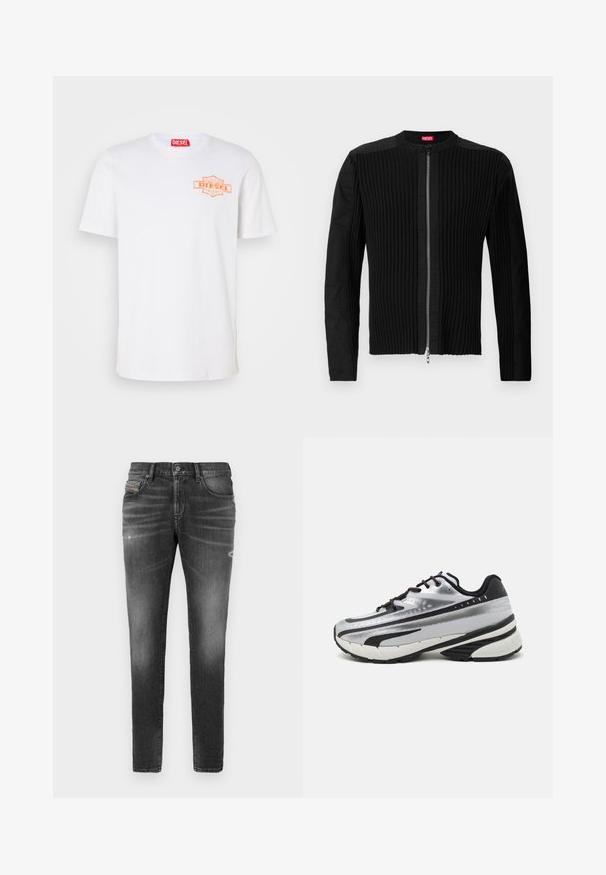 Svart zip-front jakke med vertikal ribbet tekstur og rund halslinning. Myk stoff med lange ermer og en tettsittende silhuett.; Hvit bomulls t-skjorte med rund hals, korte ermer og et oransje Diesel-logo-patch på venstre bryst. Glatt tekstur.; Grå denimjeans med slim fit, med lette slitte detaljer, distressed detaljer og tradisjonell knappeåpning.; Løpesko med sølvfarget mesh-overdel, svarte detaljer og hvit såle. Har strukturert design og svarte snørebånd. Lettvektig og godt dempet.