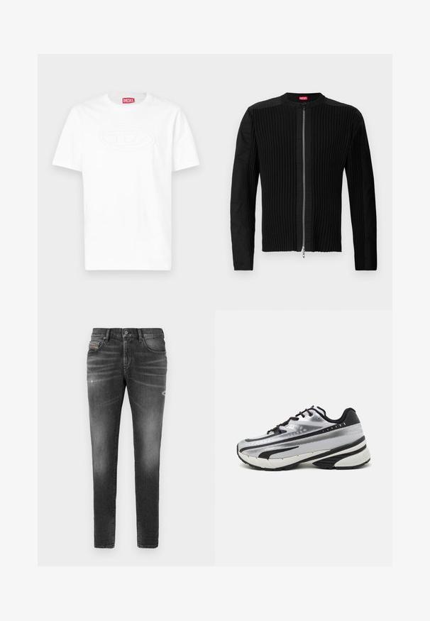 Svart zip-up jacka med vertikalt ribbat mönster och rund halsringning. Mjuk tyg med långa ärmar och en figurnära silhuett.; Vit kortärmad t-shirt med rund hals och präglad oval logotyp på bröstet samt en röd Diesel-varumärkesetikett på insidan av kragen.; Grå denimjeans med slim fit, med lätt slitningar, förstörda detaljer och traditionell knäppning.; Löparskor med överdel i silvernät, svarta accenter och vit sula. Har en strukturerad design och svarta skosnören. Lätta och vadderade.