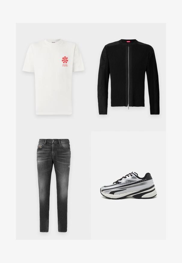 Juodas zip-front švarkas su vertikaliai ryškiu tekstūru ir apvalia apykakle. Minkšta medžiaga, ilgos rankovės ir prigludusi siluetas.; Balta medvilninė marškinė su raudonu gėlių piešiniu kairėje krūtinės pusėje ir tekstu "nauji originalai" po juo. Trumpomis rankovėmis, apvalia iškirpte.; Pilki džinsai su siauru kirpimu, turintys šiek tiek išblukimo, nusidėvėjimo detalių ir tradicinį mygtuką. ; Bėgimo bateliai su sidabriniu tinkliniu viršumi, juodais akcentais ir balta padu. Pasižymi tekstūruotu dizainu ir juodais raišteliais. Lengvi ir paminkštinti.