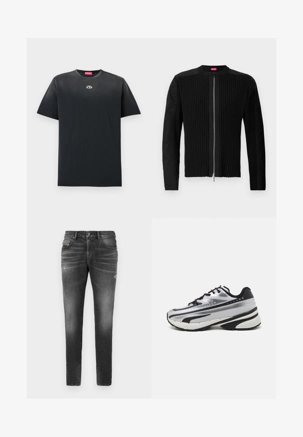 Casaco preto com fecho à frente, apresentando textura ribbed vertical e decote redondo. Tecido suave com mangas longas e silhueta ajustada.; T-shirt preta de algodão com decote redondo, corte solto, mangas curtas e um pequeno logótipo prateado no peito. Textura suave, design minimalista.; Jeans de ganga cinza com um corte justo, apresentando ligeiros efeitos de desgaste, detalhes desgastados e um fecho tradicional de botão.; Sapatilhas de corrida com um upper em malha prateada, detalhes em preto e sola branca. Apresenta um design texturizado e atacadores pretos. Leves e acolchoadas.