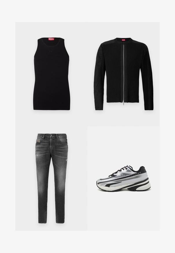Mustam vest, mis on varustatud vertikaalse soonikkoega ja ümarate kaeluslõigetega. Pehme kangas, pikkade varrukatega ja keha lähedane siluett.; Must musttank top ümmarguse kaelusega, väikese tooni logo rinnal ja punane silt kaeluses, valgel taustal.; Hallid teksapüksid slim-fit kärbega, millel on kerged kulumised, hõrenenud detailid ja traditsiooniline nööpkinnitus.; Jooksujalats, millel on hõbedane võrgust pealmine osa, mustad aktsendid ja valge tallaga. Omab tekstuurilist disaini ja musti paelu. Kerge ja pehmendusega.