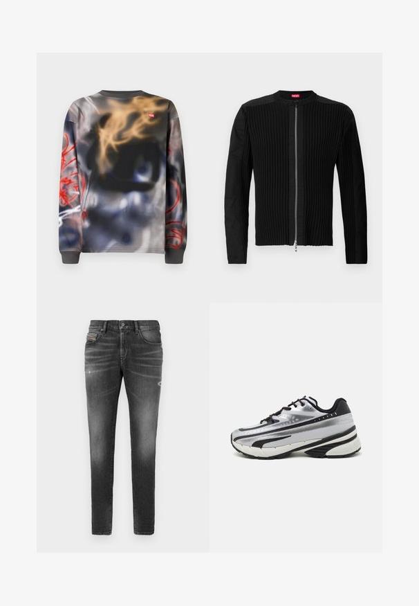 Μαύρο σακάκι με φερμουάρ μπροστά, διακοσμημένο με κατακόρυφη ραφή και στρογγυλή λαιμόκοψη. Μαλακό ύφασμα με μακριά μανίκια και εφαρμοστή γραμμή.; Φούτερ με μακριά μανίκια και στρογγυλή λαιμόκοψη, με αφηρημένο σχέδιο σε στιλ γκράφιτι σε αποχρώσεις μαύρου, μπεζ, μπλε και κόκκινου, με μικρό κόκκινο λογότυπο Diesel.; Γκρίζες τζην ψηλόμεσες με στενή εφαρμογή, διαθέτοντας ελαφριές φθορές, καταστροφικές λεπτομέρειες και παραδοσιακή κουμπότρυπα.; Αθλητικό παπούτσι τρεξίματος με ασημί πλέγμα επάνω, μαύρες λεπτομέρειες και λευκή σόλα. Διαθέτει υφή στο σχέδιο και μαύρες κορδόνες. Ελαφρύ και με ενίσχυση.