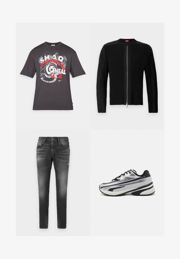 Černá bunda na zip vpředu s vertikálním žebrováním a kulatým výstřihem. Měkká látka s dlouhými rukávy a přiléhavým střihem.; Tmavě šedé tričko vyrobené z bavlny, s velkým grafickým potiskem v červené a bílé barvě, který zahrnuje text a kruhový design. Krátké rukávy.; Šedé denimové džíny s úzkým střihem, představující mírné rozedření, opotřebované detaily a tradiční zapínání na knoflík.; Běžecká obuv s vrchní částí z stříbrné síťoviny, černými akcenty a bílou podrážkou. Disponuje texturovaným vzorem a černými tkaničkami. Lehká a odpružená.