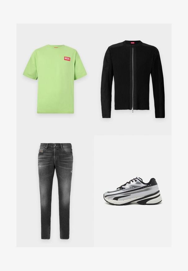 Černá bunda na zip vpředu s vertikálním žebrováním a kulatým výstřihem. Měkká látka s dlouhými rukávy a přiléhavým střihem.; Světle zelené tričko vyrobené z bavlny s kulatým výstřihem, krátkými rukávy a červeným obdélníkovým logem s nápisem "DIESEL" na levé straně hrudníku.; Šedé denimové džíny s úzkým střihem, představující mírné rozedření, opotřebované detaily a tradiční zapínání na knoflík.; Běžecká obuv s vrchní částí z stříbrné síťoviny, černými akcenty a bílou podrážkou. Disponuje texturovaným vzorem a černými tkaničkami. Lehká a odpružená.