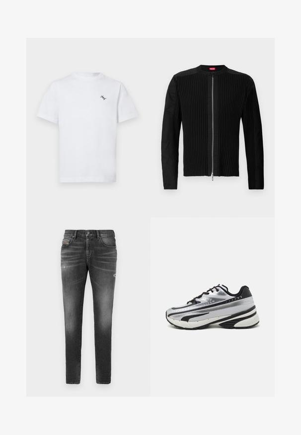 Black zip-front jacket featuring vertical ribbed texture and a round neckline. Soft fabric with long sleeves and a fitted silhouette.; White cotton t-shirt featuring a crew neckline and short sleeves. Includes a small black embroidered logo on the left chest.; Gray denim jeans with a slim fit, featuring slight whiskering, distressed details, and a traditional button closure.; Running shoe with a silver mesh upper, black accents, and white sole. Features textured design and black laces. Lightweight and cushioned.