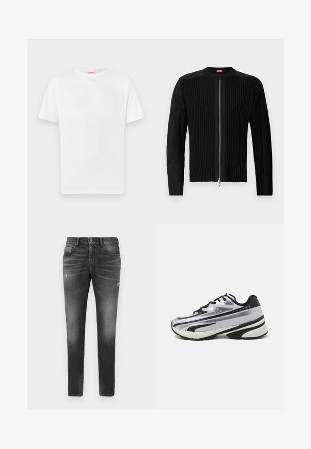 Črna jakna na zadrgo s vertikalno rebrasto teksturo in okroglim izrezom. Mehka tkanina z dolgimi rokavi in prilagojeno silhueto.; Bela bombažna majica s kratkimi rokavi, okroglo izrezan ovratnik in majhna podrobnost logotipa na sredini prsnega predela. Gladka tekstura.; Sivi jeans narejen iz denima, z ozkim krojem, ki ima rahlo abrazirane dele, strgane detajle in tradicionalno gumbno zapiranje.; Tekmovalni čevlji za tek z zgornjim delom iz srebrne mreže, črnimi detajli in belim podplatom. Imajo teksturiran dizajn in črne vezalke. Lahki in oblazinjeni.
