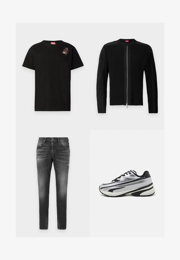Μαύρο σακάκι με φερμουάρ μπροστά, διακοσμημένο με κατακόρυφη ραφή και στρογγυλή λαιμόκοψη. Μαλακό ύφασμα με μακριά μανίκια και εφαρμοστή γραμμή.; Μαύρο βαμβακερό μπλουζάκι με κοντά μανίκια, διακοσμημένο με σχέδιο αράχνης στο αριστερό στήθος και μια κόκκινη ετικέτα λογότυπου Diesel στον λαιμό.; Γκρίζες τζην ψηλόμεσες με στενή εφαρμογή, διαθέτοντας ελαφριές φθορές, καταστροφικές λεπτομέρειες και παραδοσιακή κουμπότρυπα.; Αθλητικό παπούτσι τρεξίματος με ασημί πλέγμα επάνω, μαύρες λεπτομέρειες και λευκή σόλα. Διαθέτει υφή στο σχέδιο και μαύρες κορδόνες. Ελαφρύ και με ενίσχυση.