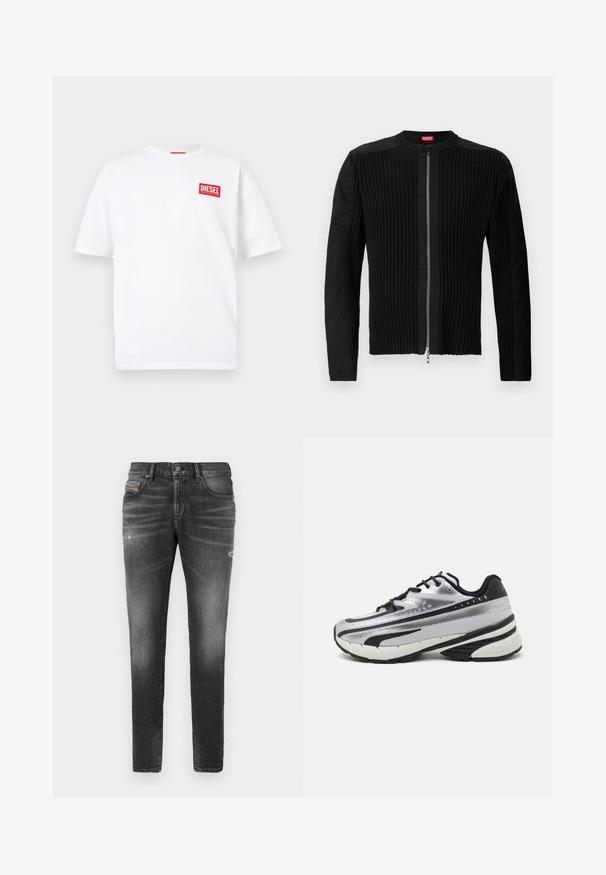 Casaco preto com fecho à frente, apresentando textura ribbed vertical e decote redondo. Tecido suave com mangas longas e silhueta ajustada.; T-shirt de algodão branco com mangas curtas, apresentando um rótulo retangular vermelho com o texto "DIESEL" na área esquerda do peito.; Jeans de ganga cinza com um corte justo, apresentando ligeiros efeitos de desgaste, detalhes desgastados e um fecho tradicional de botão.; Sapatilhas de corrida com um upper em malha prateada, detalhes em preto e sola branca. Apresenta um design texturizado e atacadores pretos. Leves e acolchoadas.