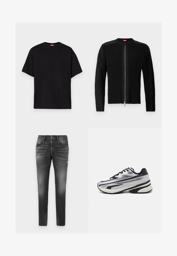 Crna jakna s patentnim zatvaračem sprijeda koja ima vertikalnu rebrastu teksturu i okrugli izrez. Mekani materijal s dugim rukavima i prilagođenim krojem.; Crna pamukasta majica s okruglim izrezom, kratkim rukavima i malim utisnutim logotipom sprijeda. Glatka tekstura, ležeran dizajn.; Sivi traperice s uskim krojem, s blagim habanjem, oštećenim detaljima i klasičnim kopčanjem na gumbi.; Tenisice za trčanje s gornjim dijelom od srebrne mrežice, crnim akcentima i bijelim potplatom. Imaju teksturirani dizajn i crne vezice. Lako suće i udobno podstavljene.