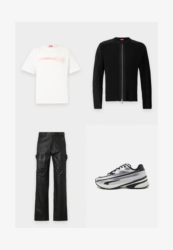 Juodas zip-front švarkas su vertikaliai ryškiu tekstūru ir apvalia apykakle. Minkšta medžiaga, ilgos rankovės ir prigludusi siluetas.; Balta medvilnės marškinėliai su laisvu siluetu, priekyje turintys rožinį ir geltoną grafišką logotipą. Klasikinis apvalus iškirpimas, trumpomis rankovėmis.; Juodi odiniai kelnių su tiesiomis kojomis dizainu, turinti dvi priekines užtrauktuko kišenes ir dideles šonines kišenes papildomam saugojimui.; Bėgimo bateliai su sidabriniu tinkliniu viršumi, juodais akcentais ir balta padu. Pasižymi tekstūruotu dizainu ir juodais raišteliais. Lengvi ir paminkštinti.