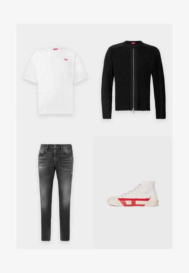 Svart zip-up jacka med vertikalt ribbat mönster och rund halsringning. Mjuk tyg med långa ärmar och en figurnära silhuett.; Vit bomulls t-shirt med korta ärmar, rund hals och röd "DIESEL" logotag. Har ett litet röd emblem på vänster bröst.; Grå denimjeans med slim fit, med lätt slitningar, förstörda detaljer och traditionell knäppning.; Höga sneakers med en vit kanvasöverdel, röda gummidetaljer och en fransad fåll, med silverhål och en texturerad sula.