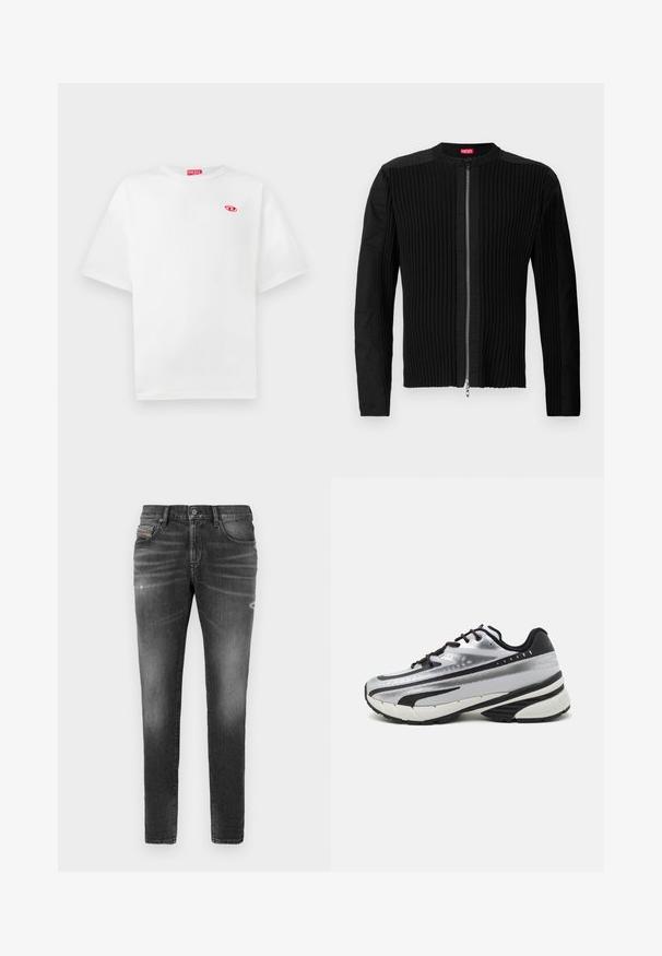 Černá bunda na zip vpředu s vertikálním žebrováním a kulatým výstřihem. Měkká látka s dlouhými rukávy a přiléhavým střihem.; Bílá bavlněná trička s krátkým rukávem, kulatým výstřihem a červenou visačkou s logem "DIESEL". Obsahuje malý červený emblém na levé hrudi.; Šedé denimové džíny s úzkým střihem, představující mírné rozedření, opotřebované detaily a tradiční zapínání na knoflík.; Běžecká obuv s vrchní částí z stříbrné síťoviny, černými akcenty a bílou podrážkou. Disponuje texturovaným vzorem a černými tkaničkami. Lehká a odpružená.