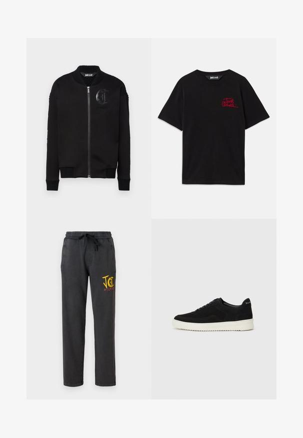 Just Cavalli FLEECE KNIT - Bomber Jacket - black; Black cotton t-shirt featuring short sleeves and a crew neck. It has a red embroidered "Just Cavalli" logo on the front left.; Dark gray sweatpants with an elastic waistband and drawstring. Features side pockets and a multicolored graphic on the left thigh.; Black suede sneaker with lace-up design and contrasting white rubber sole. Features textured side panels and subtle branding on the heel.