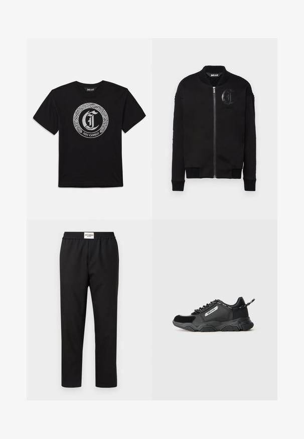 Just Cavalli FLEECE KNIT - Bomberjacke - black; Schwarzes T-Shirt mit kurzen Ärmeln, das ein kreisförmiges silbernes Schlangendesign um einen gotischen Buchstaben "J" und den Text "Just Cavalli" darunter zeigt.; Schwarze Hose mit einem elastischen Bund. Hergestellt aus einem glatten, leichten Stoff. Verfügt über einen geraden Beinschnitt und minimale Details.; Schwarzer Sport sneaker mit dicker Sohle, gemischten Materialien, gebrandeter Seitenfläche, Schnürverschluss und gebrandetem Ziehschlaufe an der Ferse.