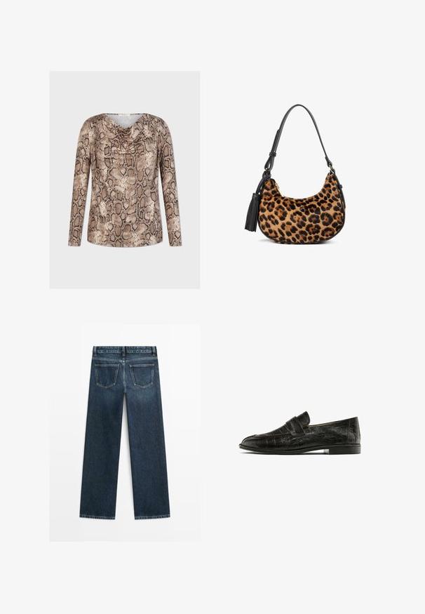 Schwarze V-Ausschnitt-Strickjacke aus weichem Strickstoff. Verfügt über lange Ärmel und eine Knopfleiste mit sechs Knöpfen zum Schließen.; Langärmliges Oberteil mit einem braun-beigen Schlangendruck, einem drapierten Ausschnitt und glatter Stoffoberfläche, entworfen für eine lässige Passform.; Dunkelblaue Jeans im geraden Schnitt, mit zwei Gesäßtaschen und sichtbaren Nähten entlang der Nähte und Säume.; Schwarze Loafers mit Krokodilleder-Textur, ausgestattet mit einem auffälligen Riemen über dem Spann, vor einem weißen Hintergrund präsentiert.; Tasche mit Leopardenmuster und einem schwarzen Ledertrageriemen sowie einer Quaste. Texturiertes, fellähnliches Material. Geschwungene Form mit goldenen Hardware-Akzenten.; Silberfarbene Creolen mit einer Reihe klarer Steine und einem runden Kristallanhänger, der von jeder hängt. Poliertes Metall, elegantes Design.