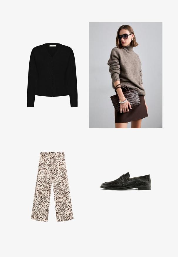 Cardigan noir à col en v, fabriqué en tissu tricot doux. Il présente des manches longues et un devant à boutons avec six boutons pour la fermeture.; T-shirt en coton blanc à manches courtes, col rond et texture lisse. Le dos est uni, sans motifs ni designs supplémentaires.; Pantalons larges en tissu crème clair avec un motif de taches brunes. Présentent une taille à cordon de serrage et une texture lisse et douce.; Loafers noirs avec une texture en cuir de crocodile, présentant une sangle proéminente sur le coup de pied, exposés sur un fond blanc.; DRAGON DIFFUSION MINI FLAT GORA - Sac à main - dark brown; Boucles d'oreilles en argent avec une rangée de pierres claires et un pendentif en cristal rond suspendu à chacune. Métal poli, design épuré.