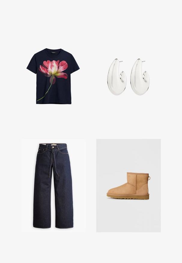 Tumman laivaston sininen neuletakki, joka on valmistettu texturoistusta neuloksesta. Siinä on pyöreä kaula-aukko, pitkät hihat ja kuusi vastaavaa nappia edessä.; T-paita tummansinisestä puuvillasta, jossa on iso vaaleanpunainen ja valkoinen kukkakuva etuosassa, vihreän varren ulottuessa alaspäin.; Korkeavyötäröiset tummansiniset leveälahkeiset farkut, joissa on narunauhakuja, viisi taskua ja kontrastiväriset ompeluseikat.; Ruskean mokkasandaalit pyöreällä kärjellä, ommelluilla yksityiskohdilla, takana vetotappi ja teksturoidulla kumipohjalla. Suunniteltu mukavuutta ja lämpöä varten.; Korvansävyiset korvakorut, joissa on pitkulainen, kaareva muotoilu. Sileä, heijastava pinta ja lävistetty takakappale.