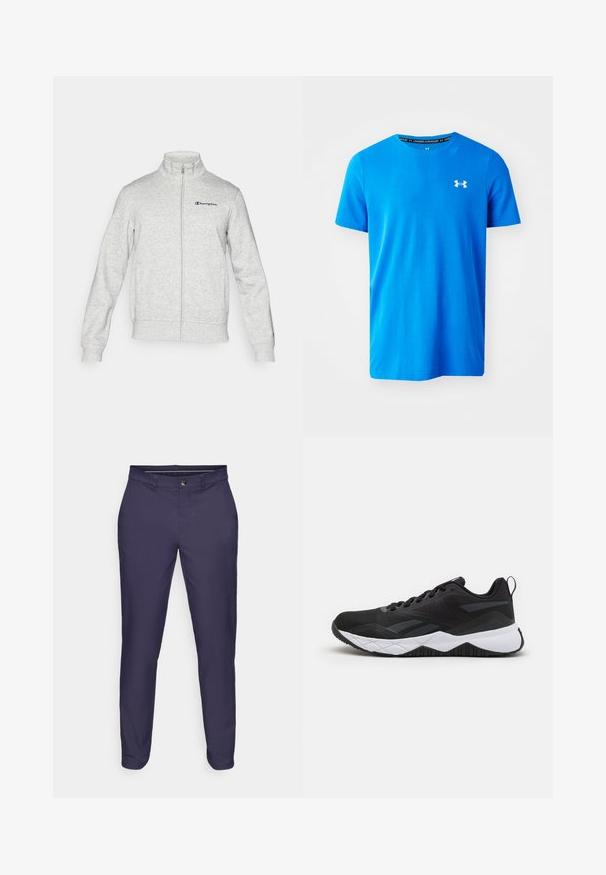 Champion ICONS CONTRAST FULL ZIP  - Športna jopa s kapuco na zadrgo - grey; Modra kratkotrajna majica s kratkimi rokavi, izdelana iz zračnega materiala, z diskretno teksturirano obliko in belim logotipom Under Armour na prsih.; Temno modri ožji hlače s zapiranjem na gumb in zadrgo, z verižicami in zoženimi nogami na belem ozadju.; Reebok NFX - Trening copati - black/cold grey