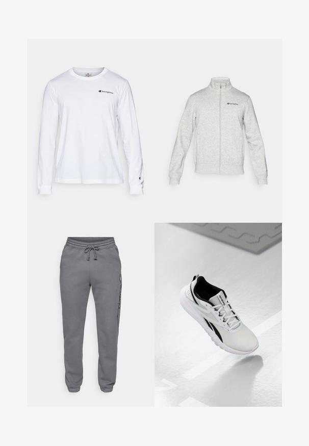 Champion ICONS CONTRAST FULL ZIP - Lukuga pusa - grey; Valge pikkade varrukatega T-särk, mis on valmistatud puuvillast, ümmarguse kaelusega ja väikese punase ja sinise "Champion" logoga rinnal ja varruka mansetil.; Champion ICONS ELASTIC-CUFF SLIM FIT - Dresside alumine osa - foggy; Heledat hall värv sörk, mustade aktsentidega, tekstuurse võrgu pealmise osaga, pehmendatud tallaga ja nööridega kinnitusega. Omab kandmisse tõmbeauku.
