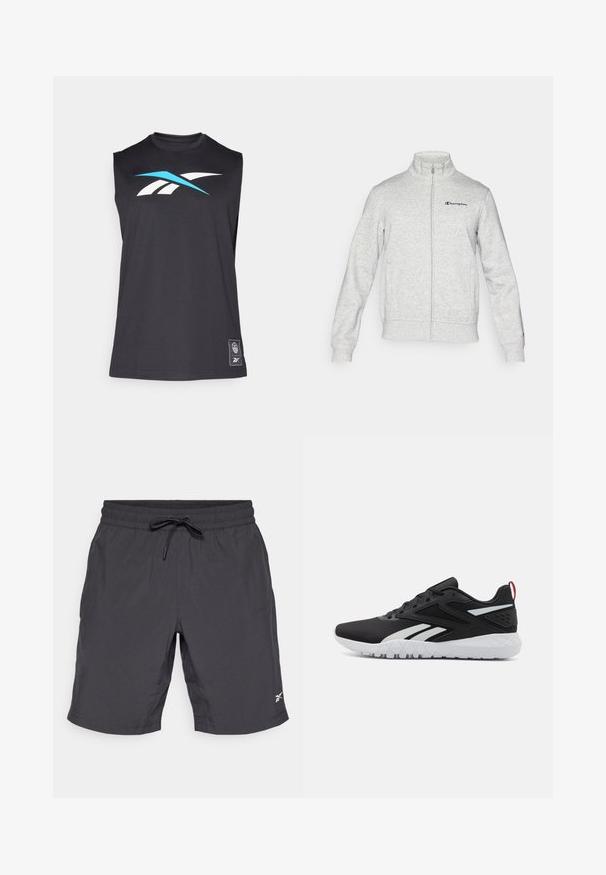 Champion ICONS CONTRAST FULL ZIP - Φούτερ με φερμουάρ - grey; Μαύρη αμάνικη αθλητική μπλούζα από λείο ύφασμα, με μπλε και λευκό σχέδιο λογότυπου στο μπροστινό μέρος και με μια μικρή ετικέτα στο κάτω στρίφωμα.; Μαύρα αθλητικά σορτς με ελαστική μέση και κορδόνι. Λείο ύφασμα, μήκους μέχρι το γόνατο, με ένα μικρό λευκό λογότυπο στο κάτω δεξί μέρος.; Μαύρα αθλητικά παπούτσια με επάνω μέρος από δίχτυ, λευκές λεπτομέρειες, υφή στην σόλα και κόκκινο κολάρο για επιπλέον λεπτομέρεια.