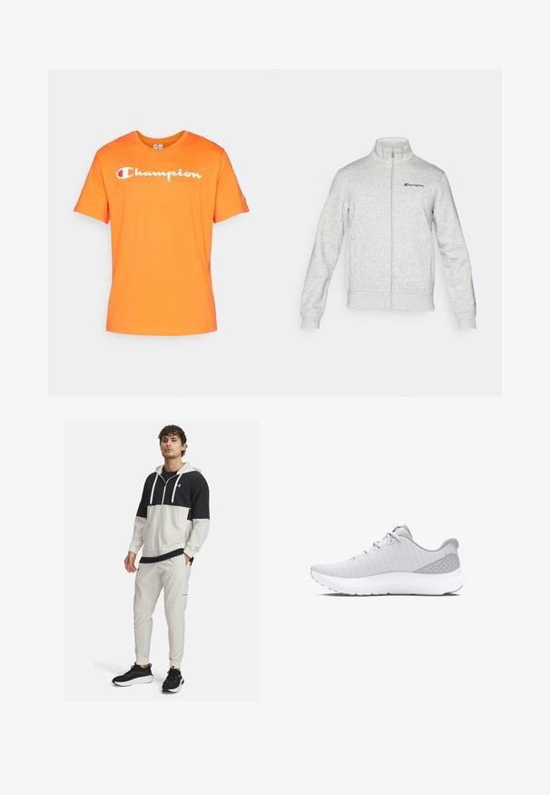 Champion ICONS CONTRAST FULL ZIP - Sudadera con cremallera - grey; Camiseta de algodón naranja con cuello redondo y mangas cortas. Presenta el texto "Champion" en blanco en la parte delantera. Textura suave.; Chaqueta deportiva con capucha en blanco y negro con cierre de cremallera; combinada con pantalones joggers blancos con bolsillos y puños elásticos; zapatillas negras.; Zapatilla deportiva gris claro con una parte superior de malla texturizada, puntera redondeada, entresuela blanca acolchada y un diseño minimalista con acentos en patrones.