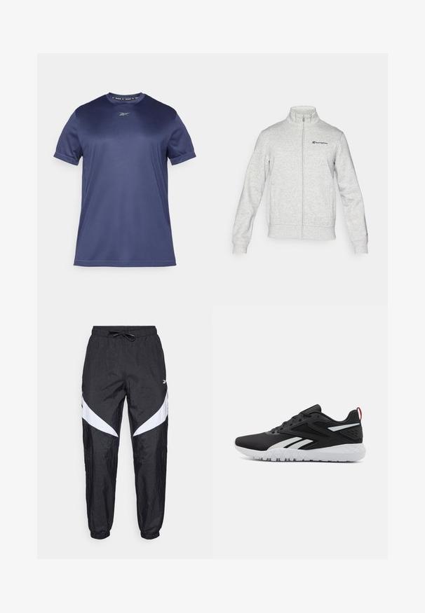 Champion ICONS CONTRAST FULL ZIP - Zip-up sweatshirt - grey; Navy blue short-sleeve athletic t-shirt made of smooth, stretchy fabric. Features a round neckline and subtle logo on the chest.; Black athletic pants made of textured fabric with a drawstring waistband, featuring white diagonal accents on the sides and elastic cuffs.; Black athletic shoes featuring a mesh upper, white accents, textured sole, and a red heel tab for added detail.