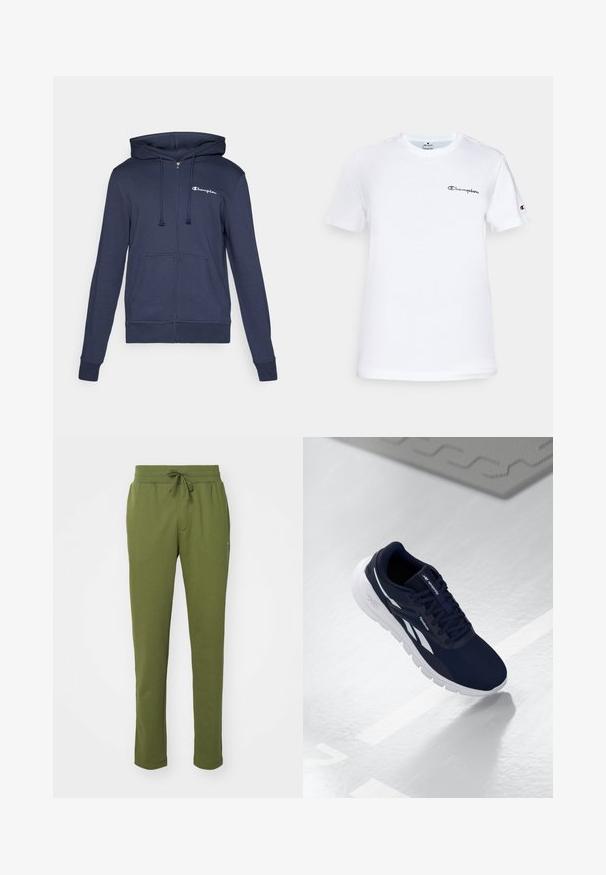 Μπλε φούτερ με φερμουάρ από μαλακό υλικό, διαθέτοντας τσέπη καγκουρό, ραμμένα μανίκια και λευκό logo Champion στο στήθος.; Λευκό βαμβακερό T-shirt με στρογγυλή λαιμόκοψη, κοντά μανίκια και κεντημένο μαύρο λογότυπο "Champion" στο στήθος και στην προφορά του μανικιού.; Champion ICONS HEM PANTS - Παντελόνι φόρμας - green; Ναυτικές αθλητικές παπούτσια με υφή στην επάνω πλευρά, λευκές λεπτομέρειες και μαλακή σόλα. Διαθέτουν σχέδιο με κορδόνια και λογότυπο στη γλώσσα.