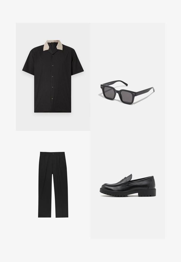 Cardigan grigio in lana con scollatura a V, maniche lunghe, chiusura con bottoni e una finitura morbida e testurizzata. Nessun motivo o accento visibile.; Camicia a maniche corte nera con strisce verticali, dotata di colletto beige e bottoni frontali. Realizzata in tessuto leggero con una consistenza liscia.; Pantaloni neri con un design a gamba dritta, realizzati in un tessuto liscio. Presentano pieghe frontali e una chiusura a un bottone in vita.; Mocassini in pelle nera con punta arrotondata, design senza lacci e suola in gomma spessa con battistrada testurizzato. Tacco elevato e dettagli di cucitura discreti.; Occhiali da sole neri rettangolari con lenti scure, dotati di una montatura spessa, accenti sottili sui lati e senza loghi visibili oltre al nome del marchio.; Orologio in acciaio inox argento con quadrante rettangolare nero, dotato di lancette analogiche, display digitale e etichetta di resistenza all'acqua.