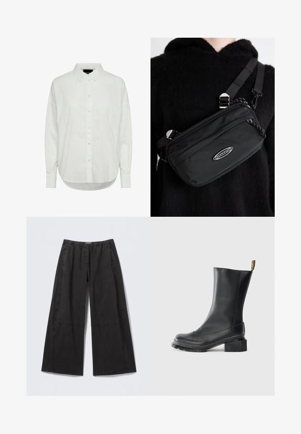 Grey zip-up hoodie with a soft cream fleece lining, oversized fit, ribbed cuffs, and a drawstring hood. Side pockets included.; White button-up shirt with a collar, long sleeves, and a slightly curved hem. Made of smooth fabric with subtle texture and six buttons.; Wide-leg black pants made of cotton, featuring an elastic waistband, textured fabric, and stitched panel detailing along the sides.; Black leather ankle boot with a block heel, smooth texture, rounded toe, and a heel tab featuring yellow branding.; Black nylon crossbody bag with adjustable strap, featuring a smooth texture, a front zipper pocket, and a logo accent.