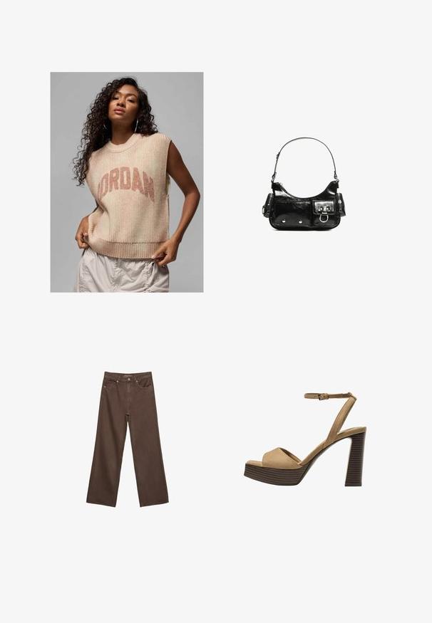Grauer Kapuzenpullover mit Reißverschluss, weichem cremefarbenem Fleece-Futter, übergroßer Passform, gerippten Bündchen und Kapuze mit Kordelzug. Seitliche Taschen inklusive.; Helle beige ärmellose Strickweste mit gerippter Textur, die ein auffälliges "JORDAN"-Logo in dunklerem Beige zeigt. Lässiges Design mit lässiger Passform.; Weite braune Jeans aus Denim, mit hoher Taille, Fronttaschen und klassischem Knopfverschluss. Glatte Textur mit feinen Nähten.; Beige Wildleder-Pumps mit hohem Absatz, breitem Vorderband und Knöchelriemen, ausgestattet mit einem klobigen Holzblockabsatz mit strukturiertem Finish.; Schwarze Lackleder-Handtasche mit geschwungenem Design, einem Schulterriemen, Vordertaschen und silberfarbenen Hardware-Akzenten.