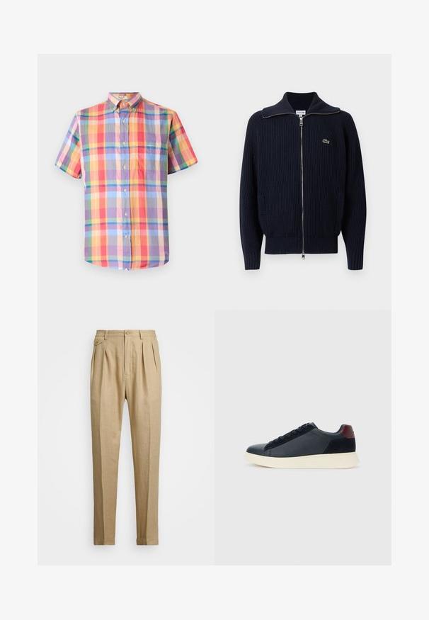 Marineblå ribbestrikket cardigan med høy krage, hel glidelås, to sidelommer og en liten brodert logo på venstre side.; Kortermet skjorte i flerfarget rutemønster, med knapper, krage med knepping, og en enkelt brystlomme. Laget av lett materiale.; Beige linbukser med rett snitt, med to frontfold, knappeåpning og sidelommer. Teksturt stoff med en glatt finish.; Lave herresko i sort læder og ruskind med maroon hælflap og hvid gummisål, set fra ydersiden.