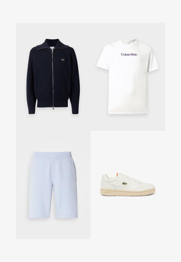 Cárdigan de punto acanalado azul marino con cuello alto, cremallera completa, dos bolsillos laterales y un pequeño logo bordado en el lado izquierdo.; Camiseta de algodón blanca con cuello redondo, mangas cortas y un logo morado de "Calvin Klein" impreso en el pecho.; Bermudas deportivas de color azul claro, hechas de una tela suave, con una cinturilla elástica y bolsillos laterales. Detalle del logotipo pequeño en la parte delantera.; Zapatilla de cuero blanca con suela beige, con cordones redondos, un logo de cocodrilo verde bordado y un detalle naranja en la lengüeta.