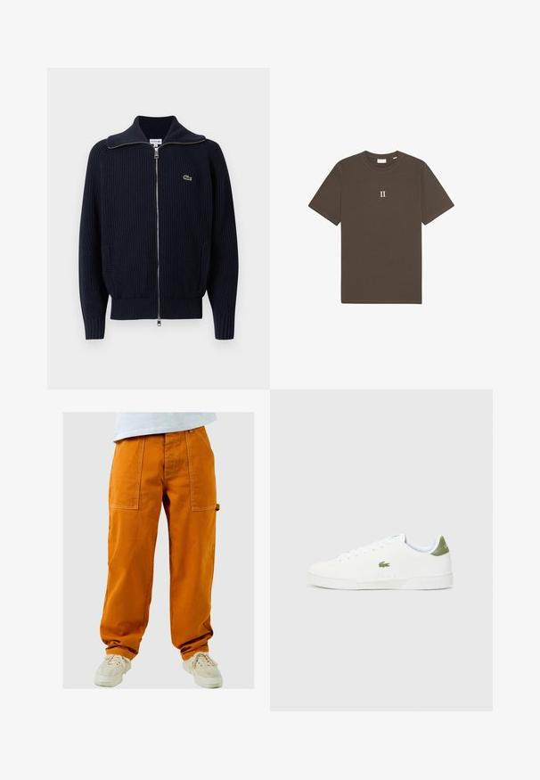 Tumesinine soonikkoes kardigan kõrge kraega, täispikliku tõmblukuga, kahe küljetaskuga ja väikese vasakul küljel tikitud logoga.; Pruun puuvillane T-särk ümmarguse kaeluse ja lühikeste varrukatega, millel on rindkeres keskel valge "II" graafika.; Oranžid cargo püksid, millel on lahti istuv lõige, mitmete taskutega ja kontrastõmblustega. Kantud valgete tossudega.; Valged tossud siledast materjalist, millel on roheline aktsent kannaosas ja väike tikandiga krokodillilogo külgedel.