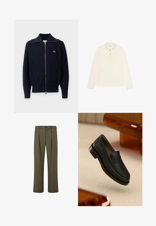 Námornícky modrý rebrovaný pletený kardigán s vysokým golierom, celým zipsom, dvoma bočnými vreckami a malým vyšitým logom na ľavej strane.; Polo tričko s dlhým rukávom v krémovej farbe, s plochým golierom, trojvrstvovým zapínaním na zlaté gombíky a jemnou, textúrovanou tkaninou.; Olivové nohavice s upraveným strihom, s plisovaním vpredu, na gombíkový zapínanie a s rovnými nohavicami. Hladká textúra látky.; Čierna kožená mokasína s textúrovaným povrchom, so šitým švom a gumovou podrážkou. Položená na svetlej ploche.