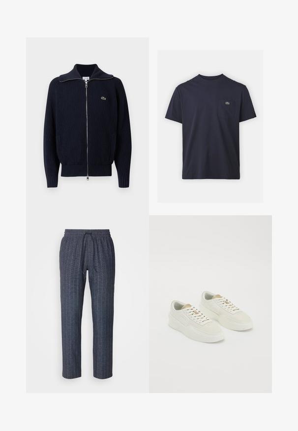 Navy ribbed knit cardigan with a high collar, full zip, two side pockets, and a small embroidered logo on the left side.; Navy blue cotton t-shirt with a round neckline and short sleeves. Features a small green logo on the left chest pocket. Soft texture.; Les Deux PATRICK PANTS - Trousers - dark navy/ivory; Pair of off-white low-top sneakers with beige accents, thick soles, and white laces on a plain white background.