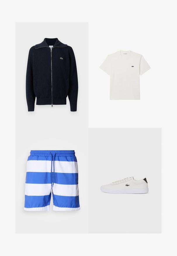 Navy ribbed knit cardigan with a high collar, full zip, two side pockets, and a small embroidered logo on the left side.; White cotton t-shirt with short sleeves and a crew neckline. Features a small, embroidered Lacoste logo on the left chest.; Blue and white striped swim shorts made of lightweight fabric, featuring an elastic waistband with a drawstring and a smooth texture.; White leather sneaker with round toe, lace-up front, and black heel accent. Features a small embroidered crocodile logo on the side.