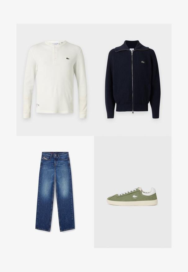 Navy ribbed knit cardigan with a high collar, full zip, two side pockets, and a small embroidered logo on the left side.; Long-sleeve cream ribbed henley shirt made of soft cotton, featuring a three-button placket and a small green embroidered logo on the chest.; Blue denim jeans with a straight leg design, featuring front pockets and a zip fly. Faded areas on the thighs enhance the texture.; Green canvas sneakers with white laces and a white heel cap. Features a Lacoste logo in white. Classic low-top silhouette and rubber sole.