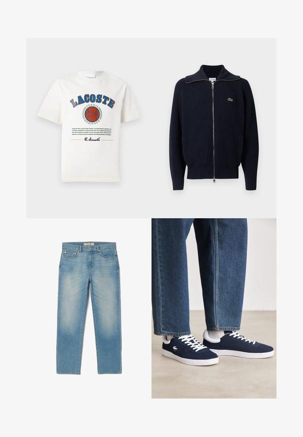 Navy ribbed knit cardigan with a high collar, full zip, two side pockets, and a small embroidered logo on the left side.; White cotton t-shirt featuring blue and red graphic text, illustrations, and a logo on the front, with a round neckline and short sleeves.; Light blue denim jeans with a straight-leg design, five pockets, and a slightly faded wash. Features silver hardware and a branded waistband tag.; Blue canvas sneakers with white laces and rubber soles, displayed with denim trousers and grey ribbed socks, on a light grey surface.
