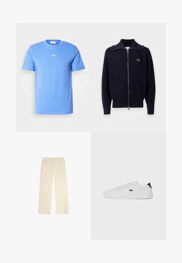 Cardigan de malha canelada azul-marinho com gola alta, fecho de correr completo, dois bolsos laterais e um pequeno logótipo bordado no lado esquerdo.; T-shirt azul de algodão de manga curta com decote redondo, apresentando um pequeno logótipo branco "Gant" centrado no peito. Textura suave, ajuste casual.; Calças de corduroy bege com design de pernas reta, apresentando dois bolsos frontais e uma textura rugosa sutil. Inclui detalhes em metal.; Sapatilha de couro branco com biqueira arredondada, atacadores na frente e detalhe preto no calcanhar. Apresenta um pequeno logótipo de crocodilo bordado na lateral.