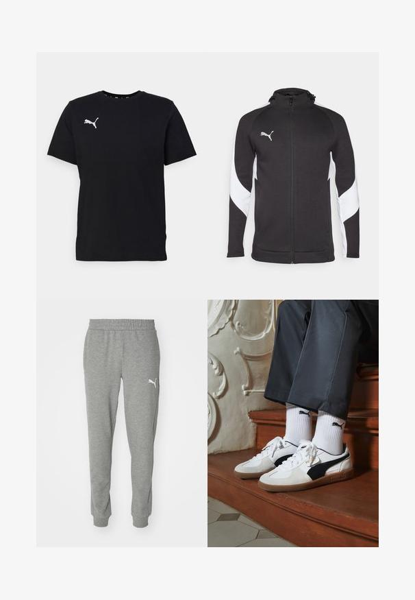 Casaco desportivo preto com painéis laterais brancos, fecho completo, gola alta e um pequeno logótipo prateado no peito. Feito de tecido texturizado.; Camiseta de algodão preta com mangas curtas, apresentando um logótipo branco da Puma no lado esquerdo do peito. Gola redonda clássica e textura suave.; Calças de moletom cinzentas feitas de um tecido macio, com um cós elástico, pernas ajustadas e um logo branco na coxa esquerda.; Ténis Puma em camurça branca e preta, com uma sola de borracha castanha. Combinados com meias brancas exibindo um logótipo preto, usados com calças escuras.