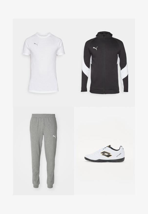 Schwarze Sportjacke mit weißen Seitenpanels, vollem Reißverschluss, hohem Kragen und einem kleinen silbernen Logo auf der Brust. Hergestellt aus strukturiertem Stoff.; Weißes kurzärmliges Sportshirt mit rundem Ausschnitt, aus strukturiertem Stoff und einem dezenten grauen Logo auf der oberen linken Brust.; Graue Sweatpants aus weichem Stoff, mit einem elastischen Bund, schmal zulaufenden Beinen und einem weißen Logo auf dem linken Oberschenkel.; Weiße Sportschuhe mit schwarzen und gelben Akzenten, ausgestattet mit einem strukturierten Obermaterial, runder Schuhspitze und einer schwarzen Gummisohle. Das Design beinhaltet ein Logodetail an der Seite.