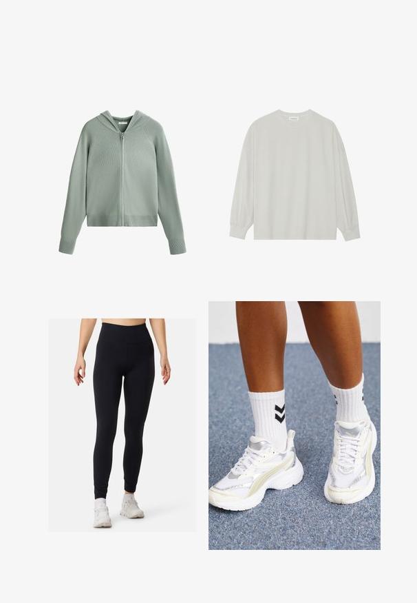 Felpa verde menta con zip, texture a costine, con cappuccio e maniche raglan, vita aderente. Presenta una zip frontale e nessun accentuazione hardware visibile.; T-shirt a maniche lunghe grigio chiaro realizzato in cotone morbido. Presenta una vestibilità ampia, scollatura rotonda e polsini delicatamente arricciati. Nessun motivo o grafica.; Leggings neri a vita alta, realizzati in un materiale liscio e elastico. Presentano un design aderente e cuciture piatte, adatti per abbigliamento sportivo.; Sneaker bianche con dettagli argento, materiale in rete e design chunky. Abbinate a calzini bianchi con motivi a chevron neri.