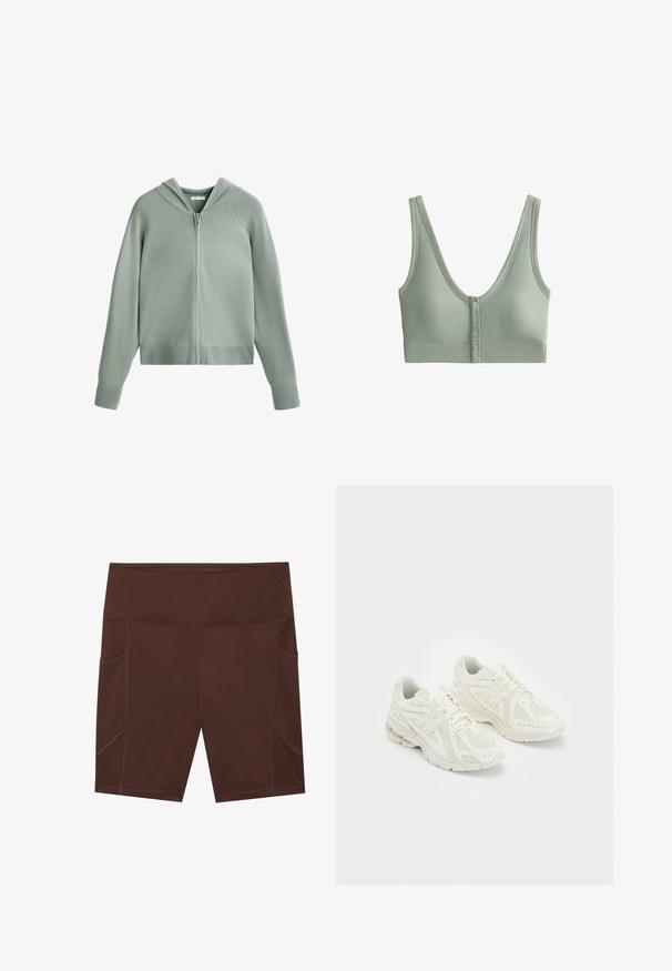 Mintgrüner Zip-Hoodie mit geripptem Muster, Kapuze und Raglanärmeln sowie taillierter Passform. Verfügt über einen vorderen Reißverschluss und keine sichtbaren Hardware-Details.; Rippierter grüner Bralette mit tiefem V-Ausschnitt, breiten Trägern und fünf Knopfverschlüssen vorne. Weicher Stoff mit glatter Textur.; Braune Sportshorts aus glattem Stoff, mit hohem Bund, seitlichen Taschen und kontrastierenden Nahtdetails.; Weiße Sportschuhe aus Mesh- und synthetischen Materialien, Schnürdesign, gepolsterter Kragen und strukturiertes Profil für besseren Grip. Leichte Bauweise.