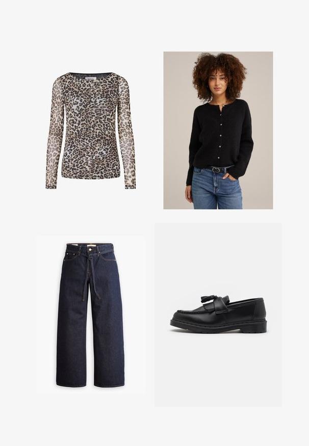 Melnā, teksturētā adīta veste ar apaļu kakla izgriezumu un pogu aizdari. Nēsāta pār ziliem džinsiem, tam ir plāns jostas aukliņa ar apaļu sprādzi.; Ilgi piedurkņu leoparda raksta krekls caurspīdīgā, vieglā audumā. Ar apaļu izgriezumu un krokotu detaļu, toņos no brūnas, melnas un gaiši brūnas.; Balts īsām piedurknēm T-krekls, izgatavots no viegla kokvilnas. Tam ir apaļa kakla izgriezums un sarullētas piedurknes. Sarkans logotipa uzlīme uz apkaklītes.; Plati zili džinsi ar augstu jostasvietu, ar šnaukaša saišu, piecām kabatām un kontrastējošiem šuvju akcentiem.; Melnas ādas loafer kurpes ar pušķu akcentu, izšūti raksti gar malām un biezs gumijas zole izturībai.