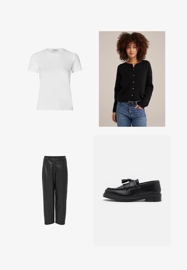 Zwarte, gestructureerde gebreide cardigan met een ronde halslijn en knoopsluiting. Gedragen over blauwe jeans, met een dunne riem met een ronde gesp.; Witte hemd met korte mouwen, gemaakt van katoen. Heeft een ronde hals en een slim-fit silhouet met een gladde textuur en geen zichtbare patronen.; Zwarte leren broek met een gladde textuur, voorzien van een rechte snit, plooi aan de voorkant en zijzakken. Ontworpen voor een relaxte pasvorm.; Zwarte leren instapper met een franjesaccent, gestikte details langs de rand en een dikke rubberen zool voor duurzaamheid.