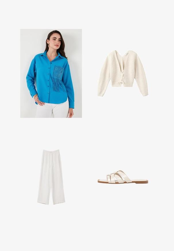 Kurzer cremefarbener Cardigan mit einem tiefen V-Ausschnitt, gerippter Textur, langen Ärmeln und einer Krawatte vorne. Weiches Strickmaterial.; Blaues strukturiertes Hemd mit Knöpfen und einer Spitzen-Tasche mit Perlenbesatz. Lange Ärmel und ein Kragen runden das Design ab.; Weiße weit geschnittene Hose aus leichtem Stoff. Mit einem elastischen Bund und Kordelzug sowie Seitentaschen. Glatte Textur.; Flache Sandalen mit einer honigfarbenen Gummisohle, gestaltet mit drei überlappenden weißen Lederriemen und einem kleinen Schleifendetail in der Mitte.