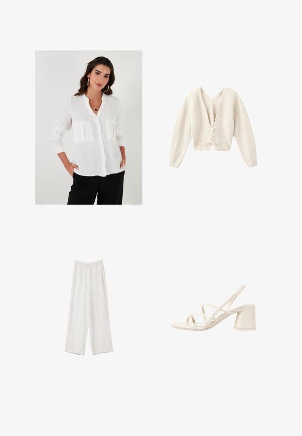 Kort cremefarvet cardigan med dyb V-hals, ribbet tekstur, lange ærmer og snøring foran. Blødt strikkemateriale.; Hvid skjorte med knapper og mandarin-krave, to forlommer, lange ærmer og et let tekstureret stof.; Hvide bukser med bred benlængde lavet af et letvægtsstof. Har et elastisk talje med snor og sidelommer. Glat tekstur.; Beige hælede sandaler med slanke, krydsende stropper, åben tå og en kvadratisk blokhæle. Glat lakeret finish, justerbar ankelrem.
