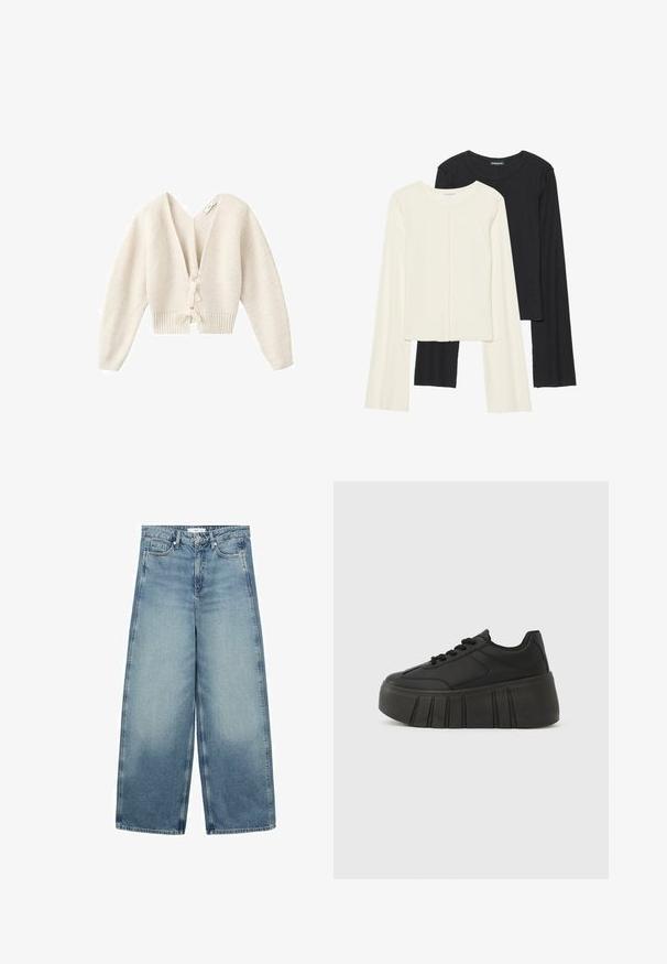 Krátky krémový cardigan s hlbokým V-výstrihom, ryhľovanou textúrou, dlhými rukávmi a zaväzovaním na prednej strane. Mäkko pletený materiál.; Súprava dvoch dlhých rukávov v bielej a čiernej farbe. Žebrovaná textúra, okrúhly výstrih, priliehavý strih s mierne rozšírenými rukávmi.; Svetlo modré široké džínsy z denimu, s vysokým pásom, piatimi vreckami a jemným vyblednutím na prednej a zadnej strane.; Čierne platformové tenisky s hladkým syntetickým zvrškom, zaoblenou špičkou, šnurovacím dizajnom a hrubou, ryhovanou podrážkou pre väčšiu výšku.