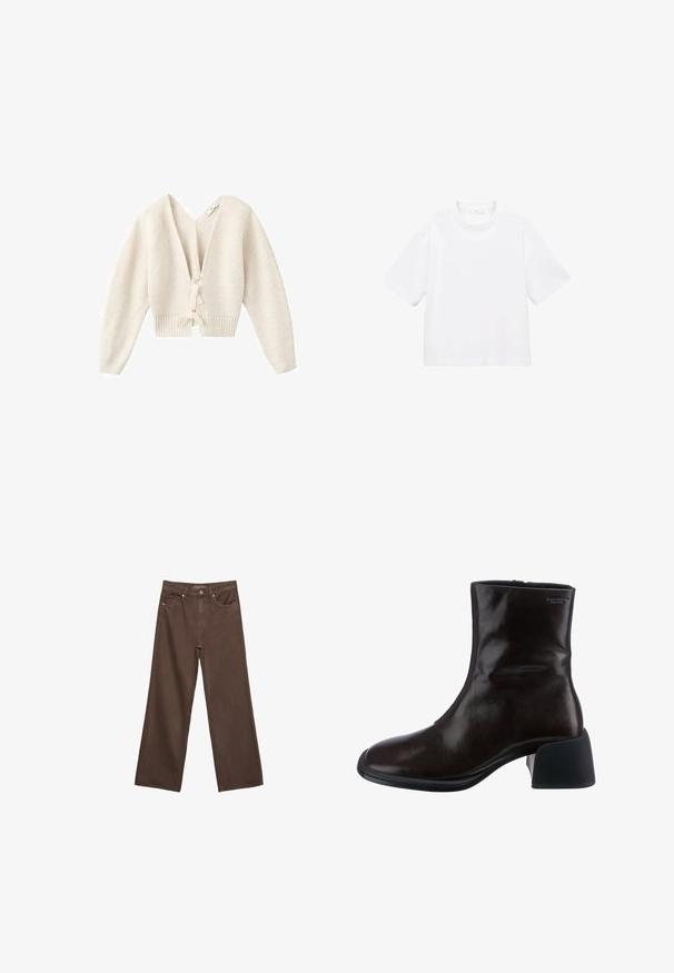 Kratka krema cardigan s globokim V-izrezom, rebrasto teksturo, dolgimi rokavi in zavezovanjem spredaj. Mehka pletenina.; Bela bombažna majica s kratkimi rokavi in okroglo ovratnikom. Preprost dizajn, ohlapen kroj, gladka tekstura. Brez vzorcev ali vidnih poudarkov.; Široke rjave kavbojke iz denima, ki imajo visok pas, sprednje žepe in klasično zapiranje na gumb. Gladka tekstura s subtilnim šivom.; Vagabond ANSIE - Klasični gležnjarji - braun